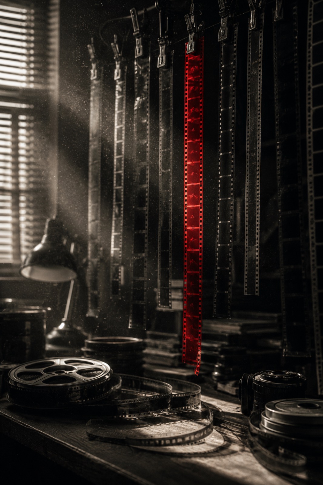 Film strips hanging in an edit room, one backlit red