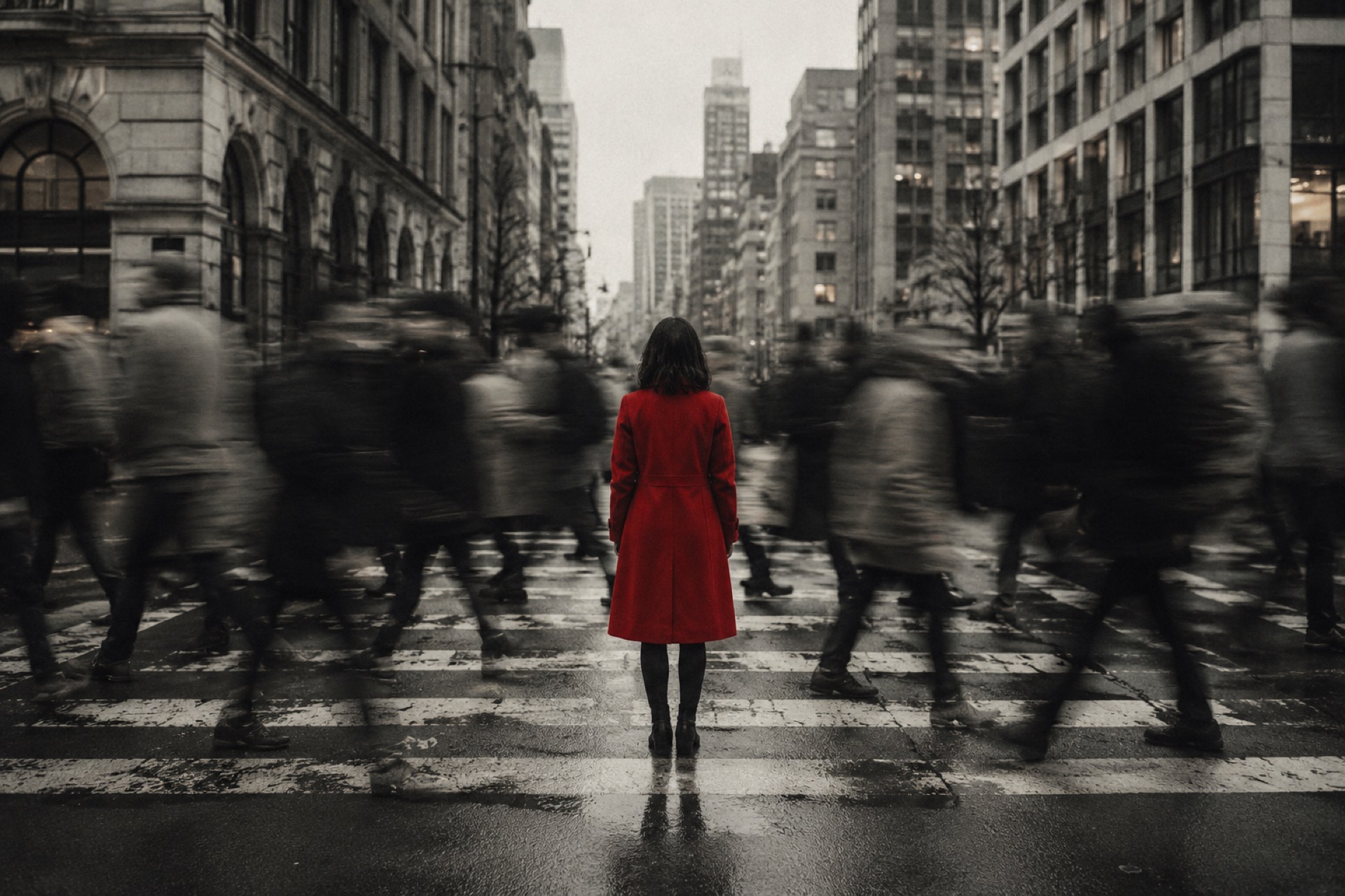 A figure in a red coat standing still in a rushing, blurred crowd