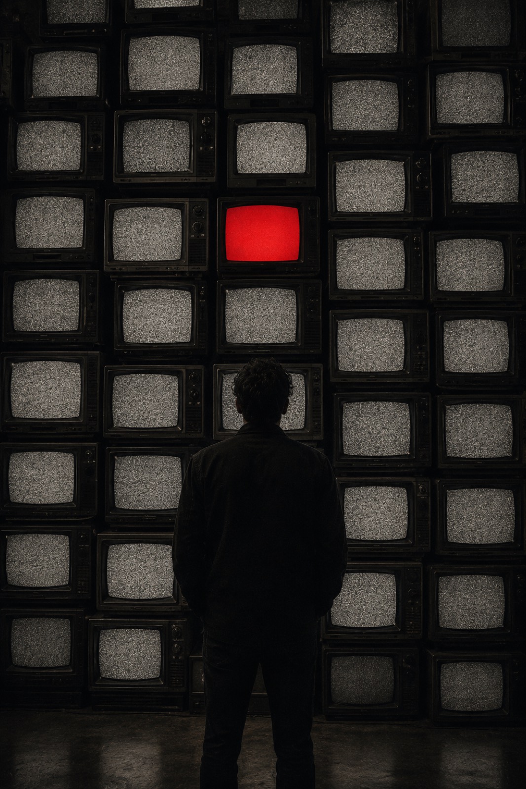 A wall of static-filled televisions, one glowing red