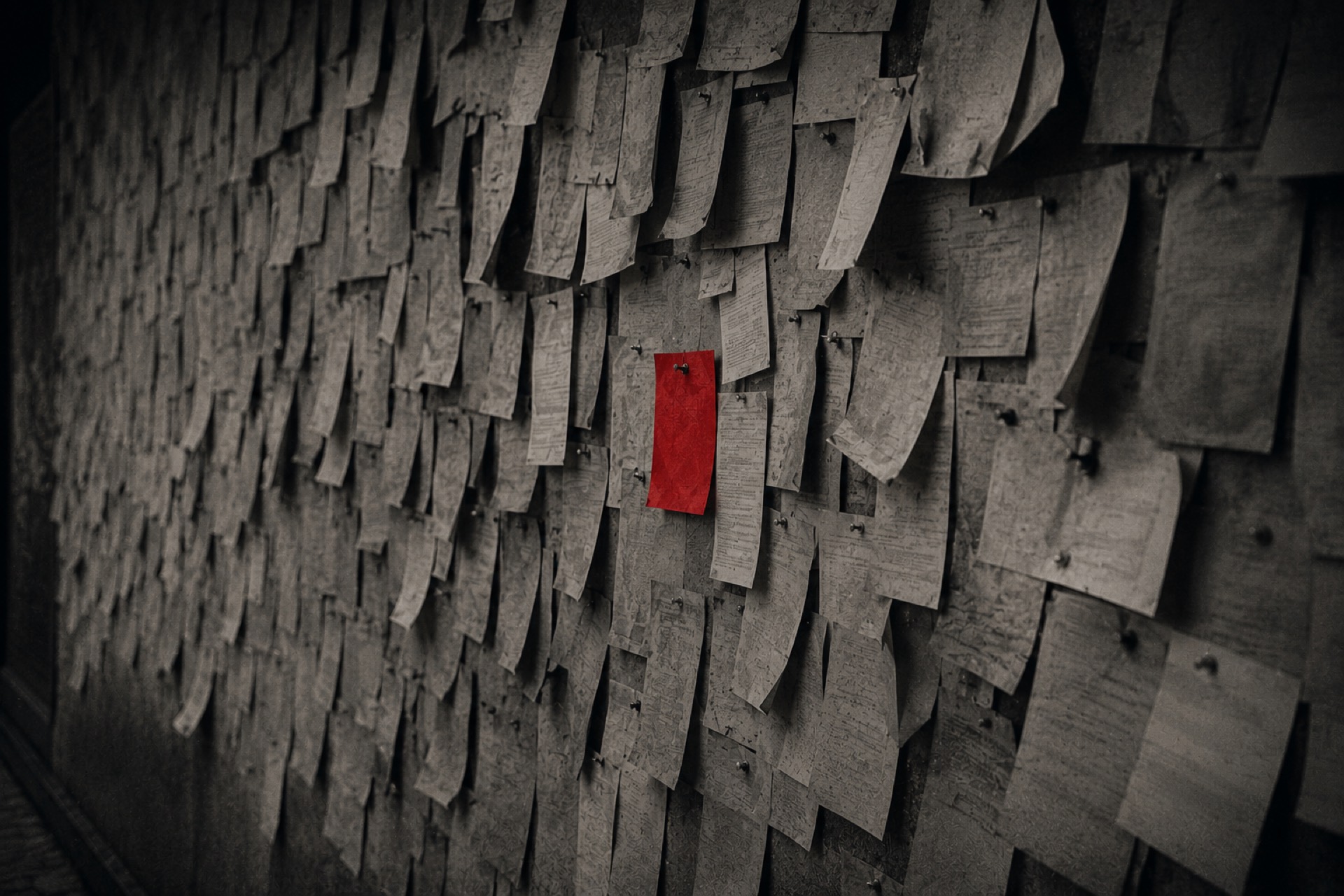 A wall of identical gray flyers with one red one pinned straight